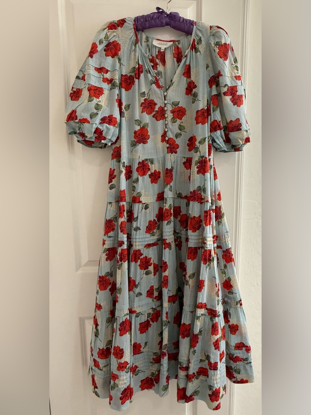 The Great Pleated Ravine Midi Dress Western Rose pearl button cotton - Picture 5 of 14